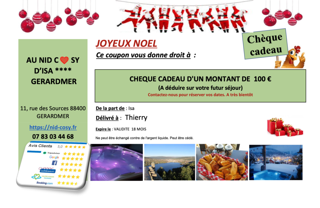 Exemple de cheque cadeau pour le gite à Gérardmer