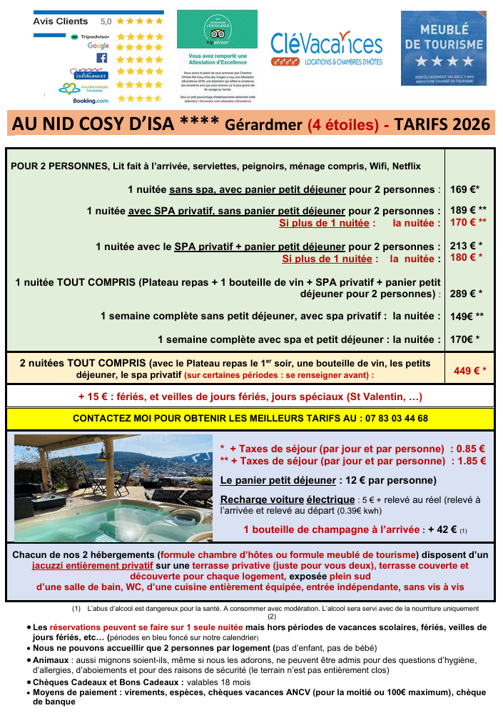 Tarifs du Nid Cosy d'Isa****, gîté à Gérardmer